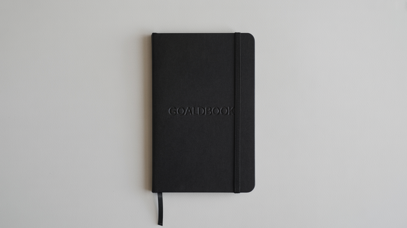 GOALDBOOK Journal - Premium black journal with embossed GOALDBOOK text, elastic closure, and bookmark ribbon